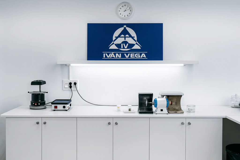 Sala de trabajo del laboratorio de ortodoncia con panel corporativo y bancos de trabajo