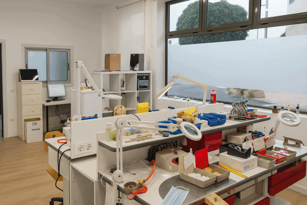 Vista general del laboratorio de ortodoncia con puestos, lupas e instrumental profesional